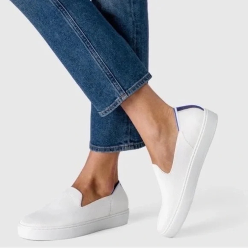 Rothy's White Slip-On Sneakers with Blue Trim